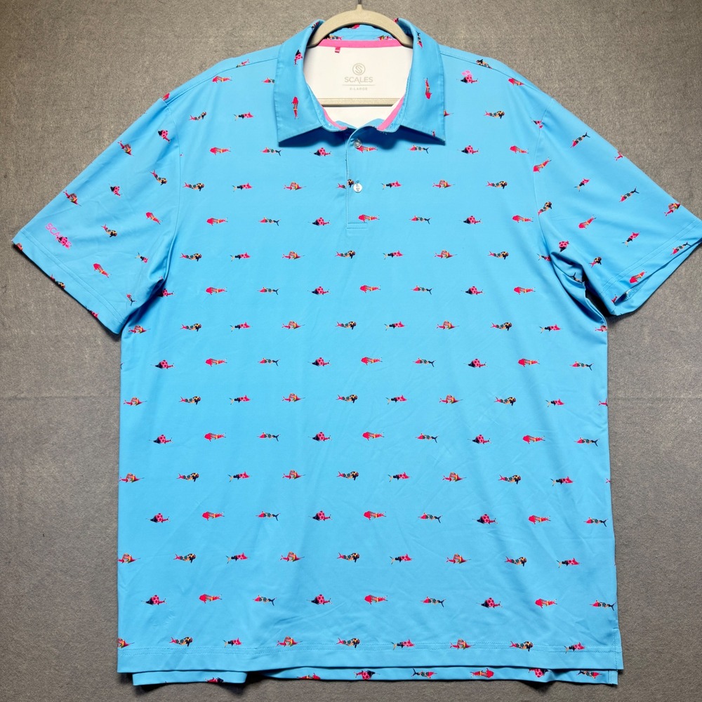 Scales‎ Mens XL Performance Polo Shirt Blue Fish Print Fishing Golf Short Sleeve